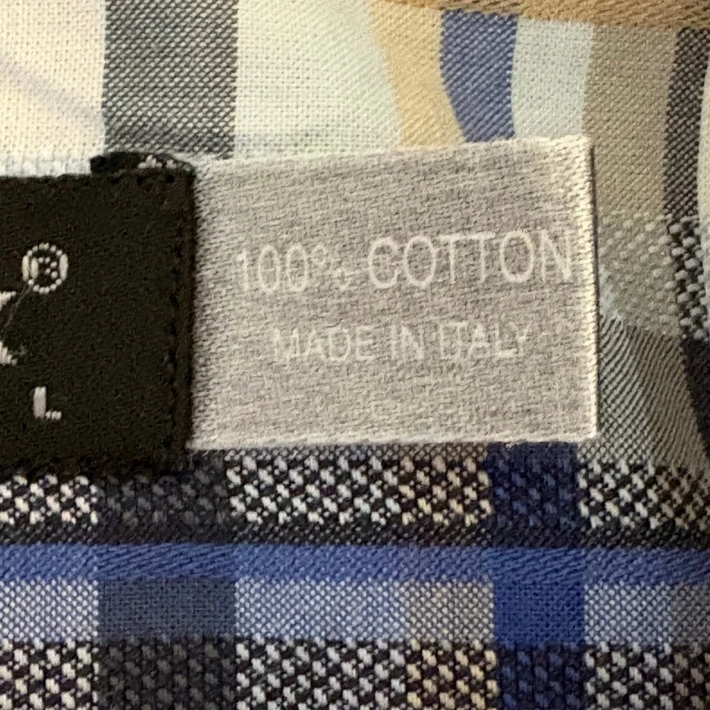 St. Croix Men‎ Button Down Shirt Large Tan Blue Plaid Cotton Italy Pocket EUC!